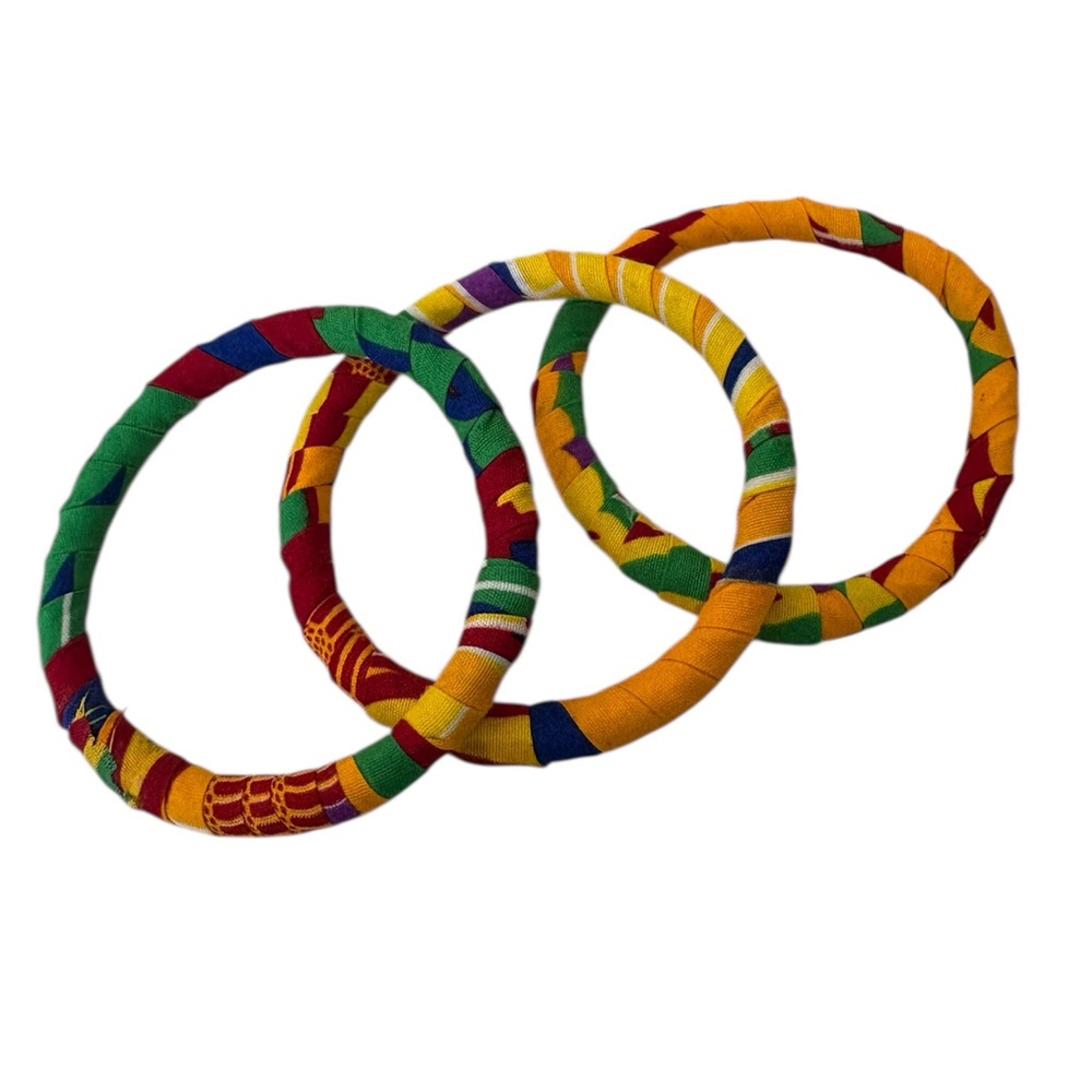 Colorful  Kente Cloth Fabric Wrapped Bangles set of 3